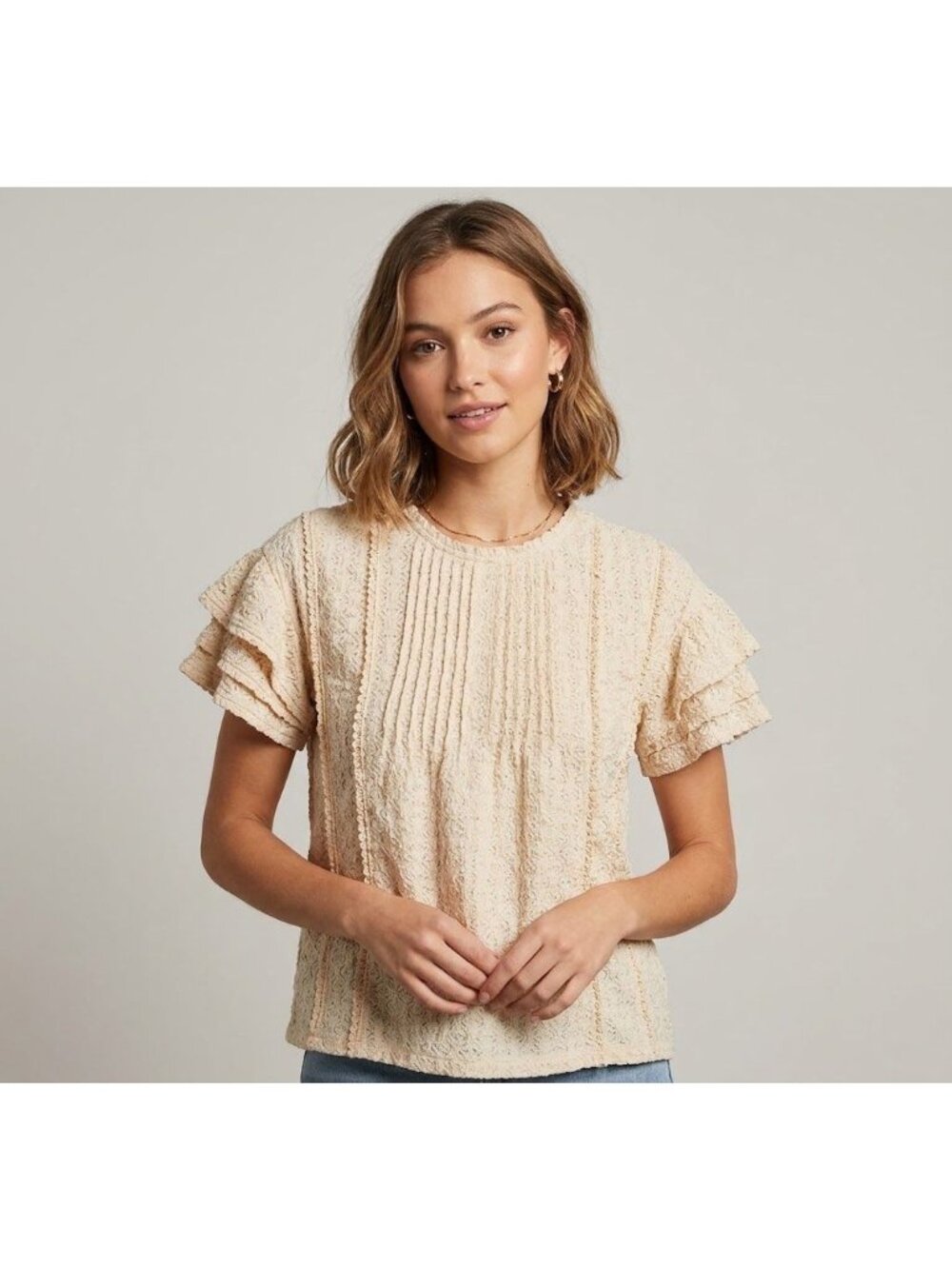 DR2 Daniel Rainn Womens S Off White Textured Blouse Short Sleeve Round Neck